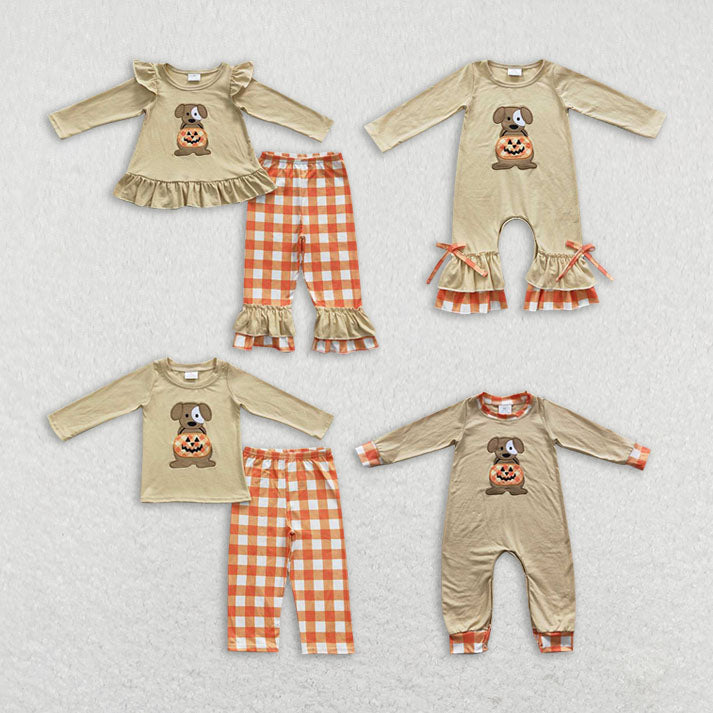 Baby Kids puppy pumpkin Summer Embroidery Sibling Rompers Clothes Set