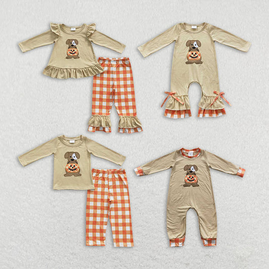 Baby Kids puppy pumpkin Summer Embroidery Sibling Rompers Clothes Set