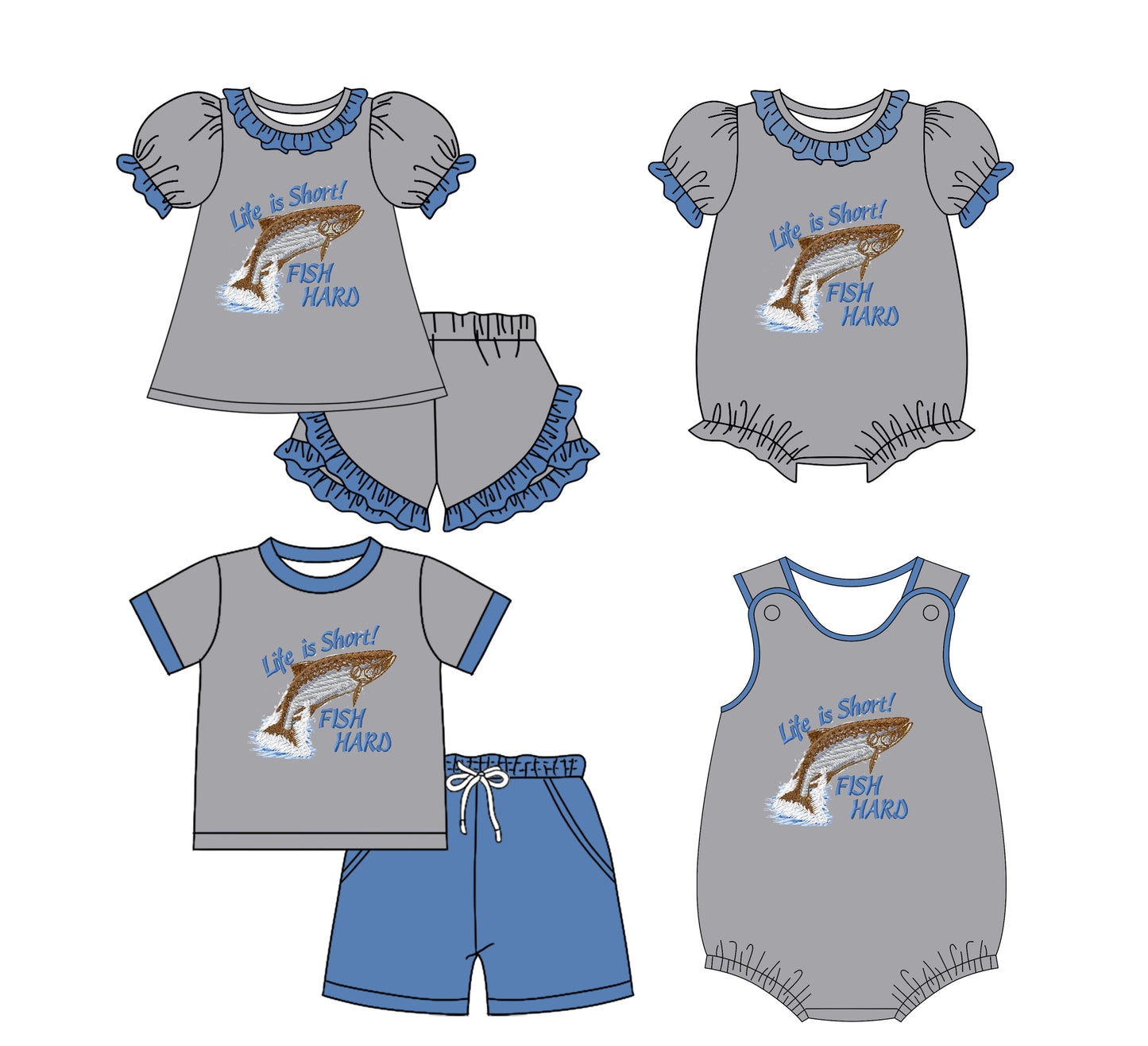 25.11.29 custom each style moq 5 eta 6-8week Sibling Sister FISH baby short sleeve shorts sets 2 and romper 2 match design