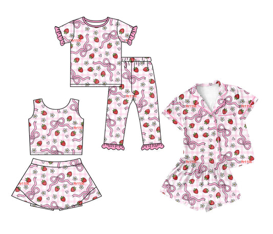 25.12.2 custom each style moq 5 eta 6-8week Sibling Sisters strawberry bow baby girl clothes short sleeve shorts sets and skirts sets and pant sets match family design