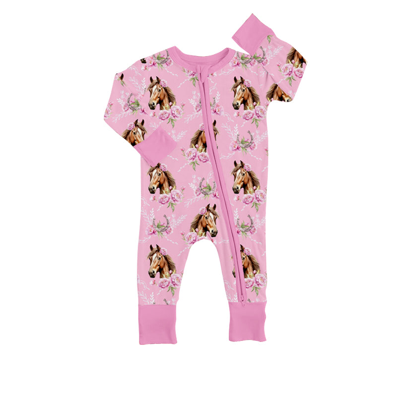 5.2custom each style moq 5eta 4-5week horse flower prints pink girls outfits set and baby romper