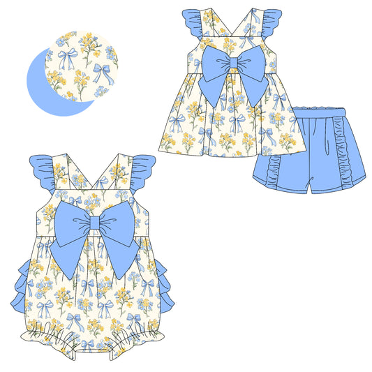 2.8 custom each style moq 5eta 4-6week Sibling Sister bow baby girls short sleeve shorts sets and romper match design