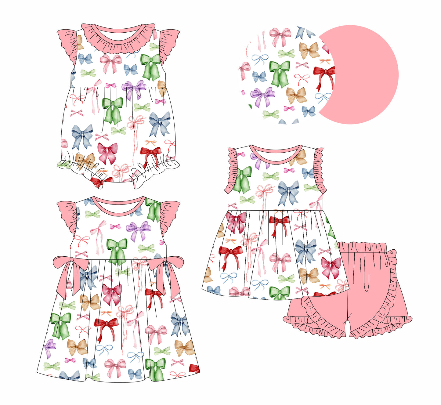 1.2 custom each style moq 5eta 4-6week Sibling Sistes bow baby girl short sleeve shorts sets and dress and rompers match family design