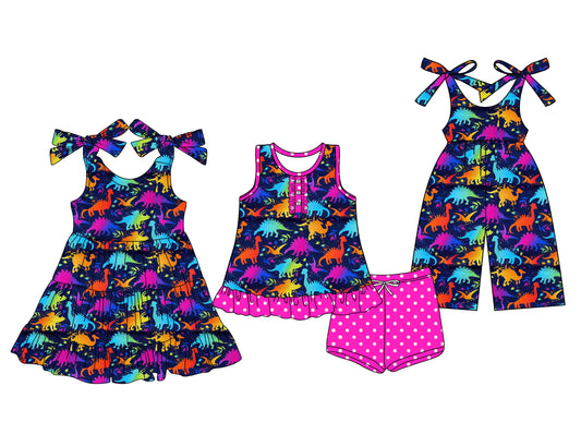 3.18 custom each style moq 5eta 4-6week Sibling Sister dinosaur baby girl short sleeve shorts sets and dresses and jumpsuit match design