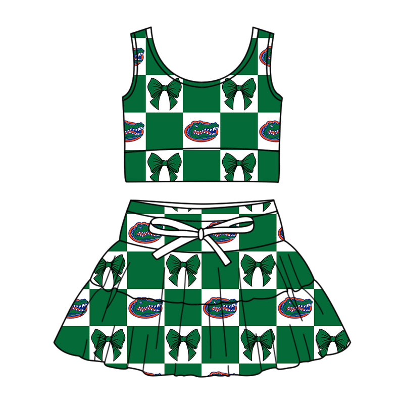 Custom moq 3 or 5 mix size milk silk summer teams baby girl clothes bow green sleeveless skirts sets-26.1.17