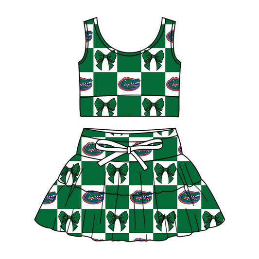 Custom moq 3 or 5 mix size milk silk summer teams baby girl clothes bow green sleeveless skirts sets-26.1.17