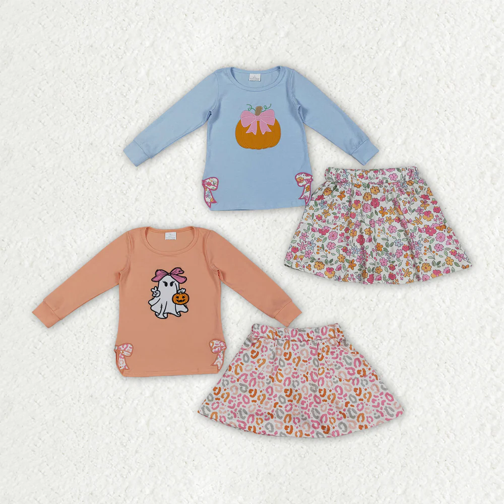 RTS Sibling baby girls clothes embroidery halloween pumpkin long Sleeve skirts sets