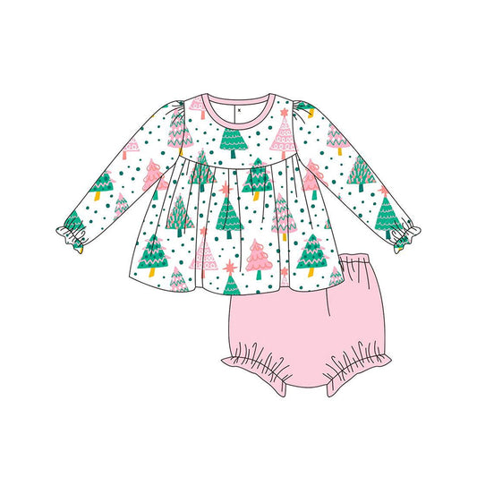 5.13custom each style moq 5eta 4-5week Sibling Sister Christmas style Christmas tree print pink girls dress and baby romper match family design