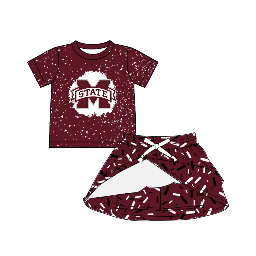 Custom moq 5 mix sizes summer teams baby girls clothes team brick red short sleeve shorts skirts sets dress top-25.5.9