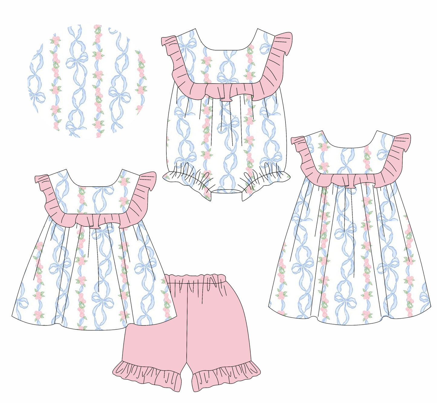 1.14 custom each style moq 5eta 4-6week Sibling Sisters bow floral baby girl short sleeve shorts sets and dress and rompers match family design