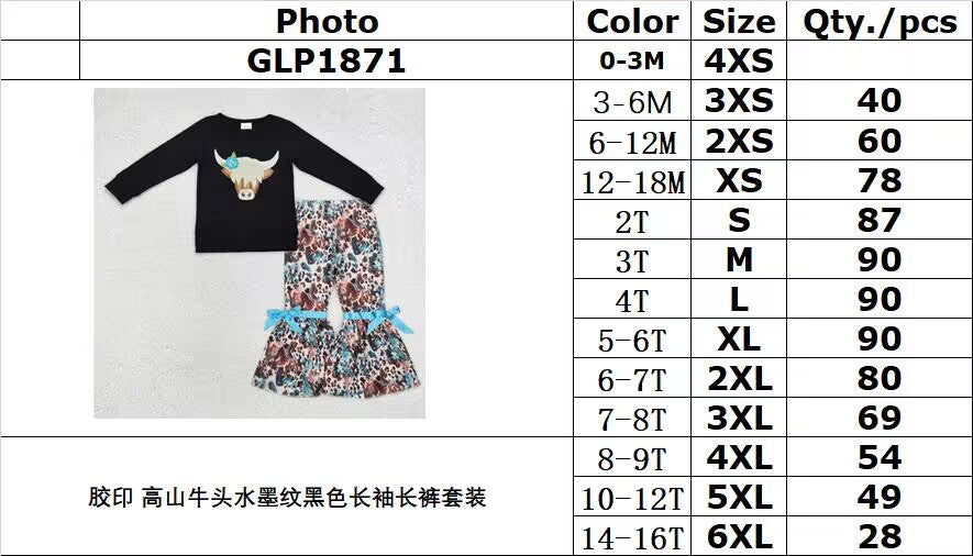 RTS NO MOQ ETA 5/7days Arrived GLP1871 Offset printing mountain bull head ink pattern black long-sleeved trousers set