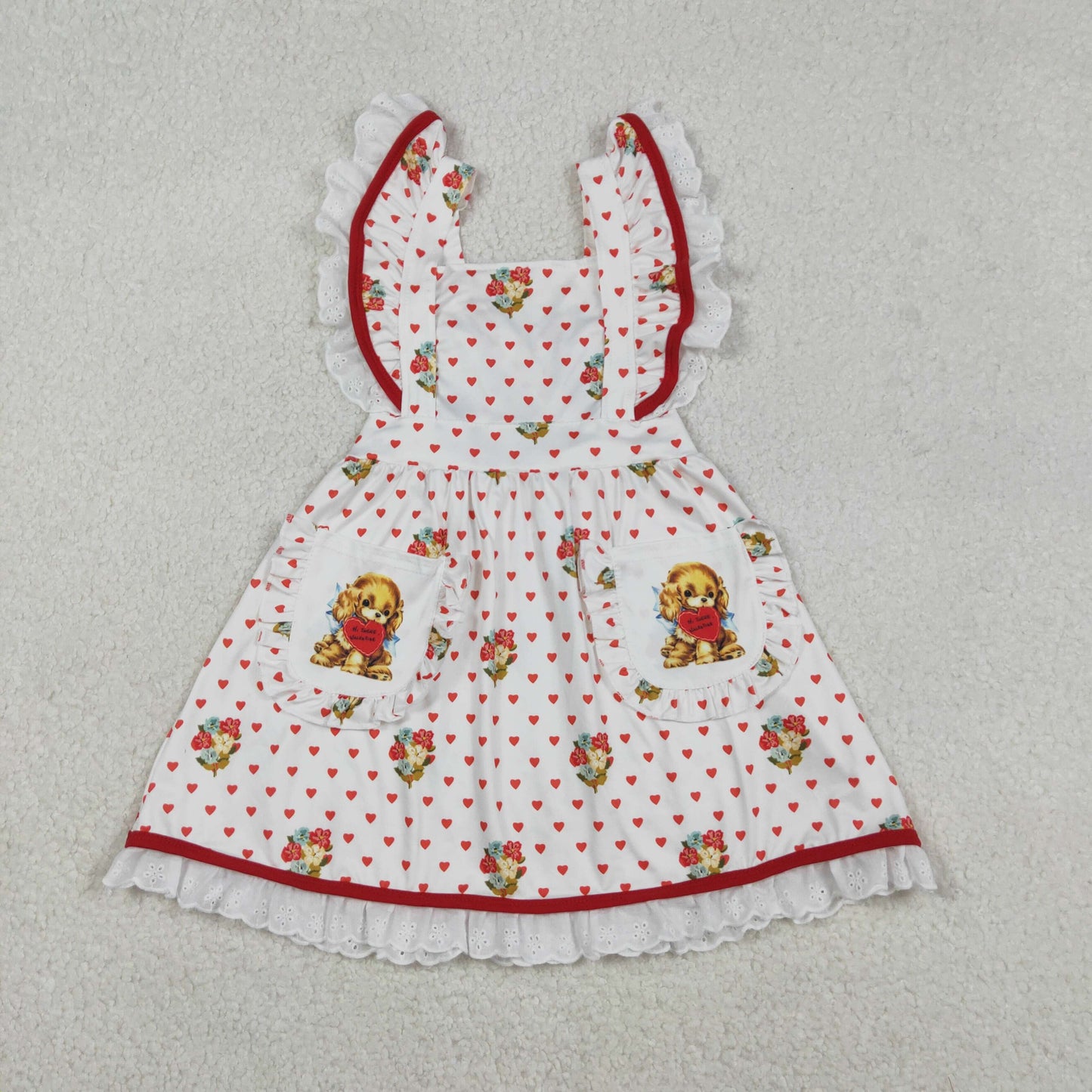 RTS NO MOQ（In Stock ) Valentine's Day Heart Puppy Lace Pocket Flutter Sleeve Dress