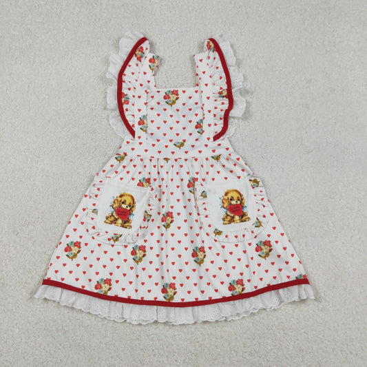 RTS NO MOQ（In Stock ) Valentine's Day Heart Puppy Lace Pocket Flutter Sleeve Dress