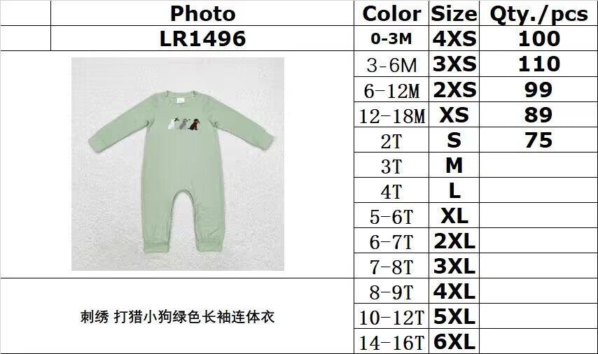 rts no moq LR1496 embroidery hunting puppy green long-sleeved jumpsuit