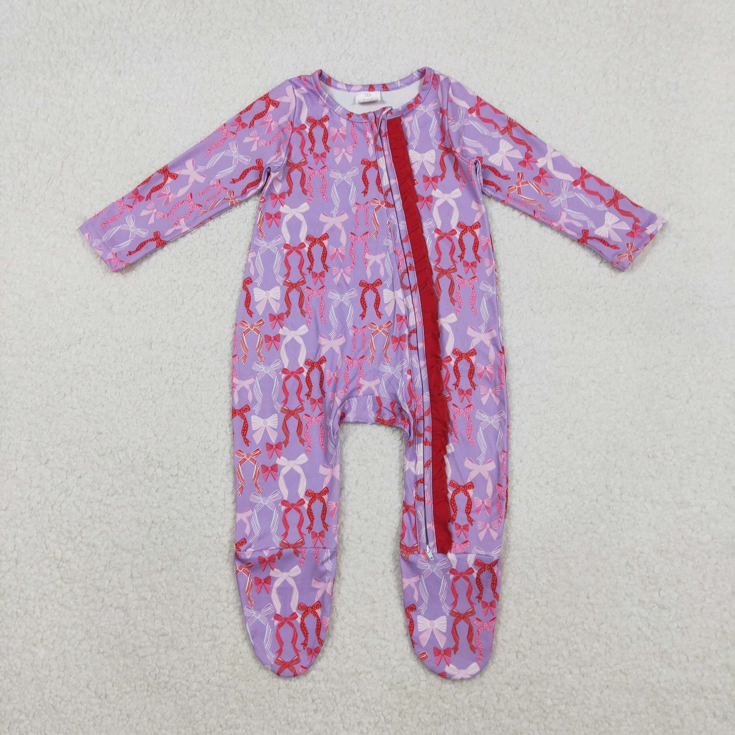 RTS NO MOQ（In Stock ) LR2610 Bow Pattern Purple Footed Zippered Long-Sleeved Bodysuit