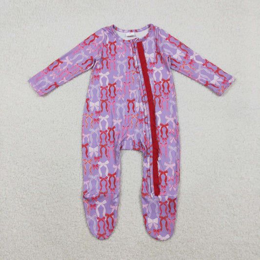 RTS NO MOQ（In Stock ) LR2610 Bow Pattern Purple Footed Zippered Long-Sleeved Bodysuit