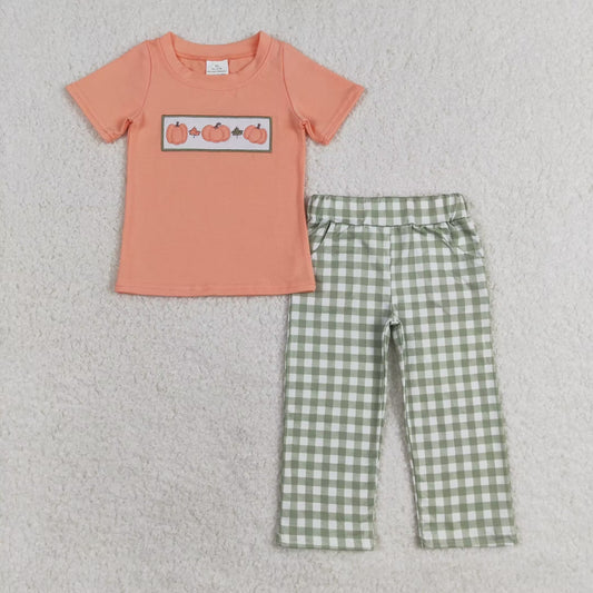 RTS no moq BSPO0451 Embroidered pumpkin leaf pink orange short-sleeved green plaid trousers set