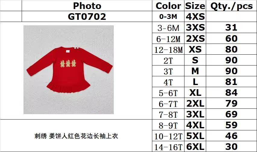 RTS NO MOQ ETA 5/7days GT0702 Embroidered gingerbread man red lace long-sleeved top