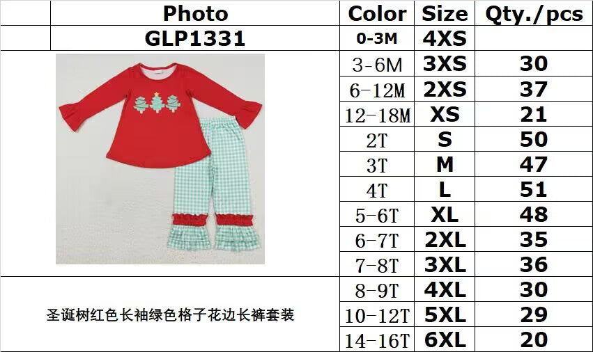 rts no moq GLP1331 Christmas Tree Red Long Sleeve Green Plaid Lace Pants Set