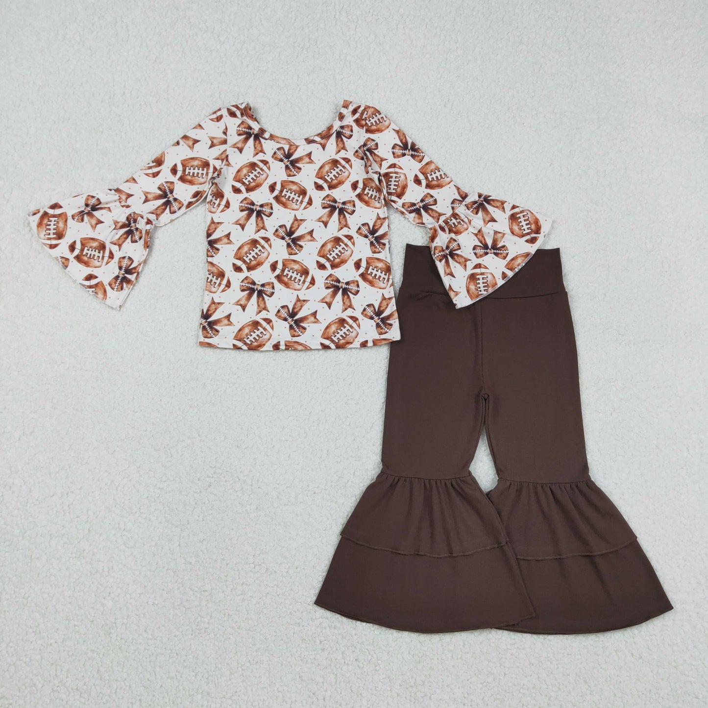 RTS NO MOQ（In Stock) Football Bow Pattern Long-Sleeve Brown Pants Set