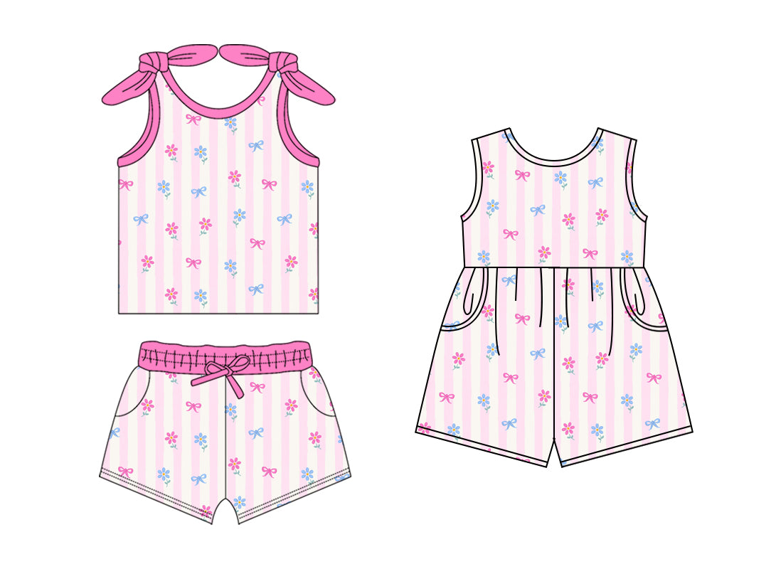 1.18 custom each style moq 5eta 4-6week Sibling Sister floral bow baby girls short sleeve shorts sets and jumpsuit match design