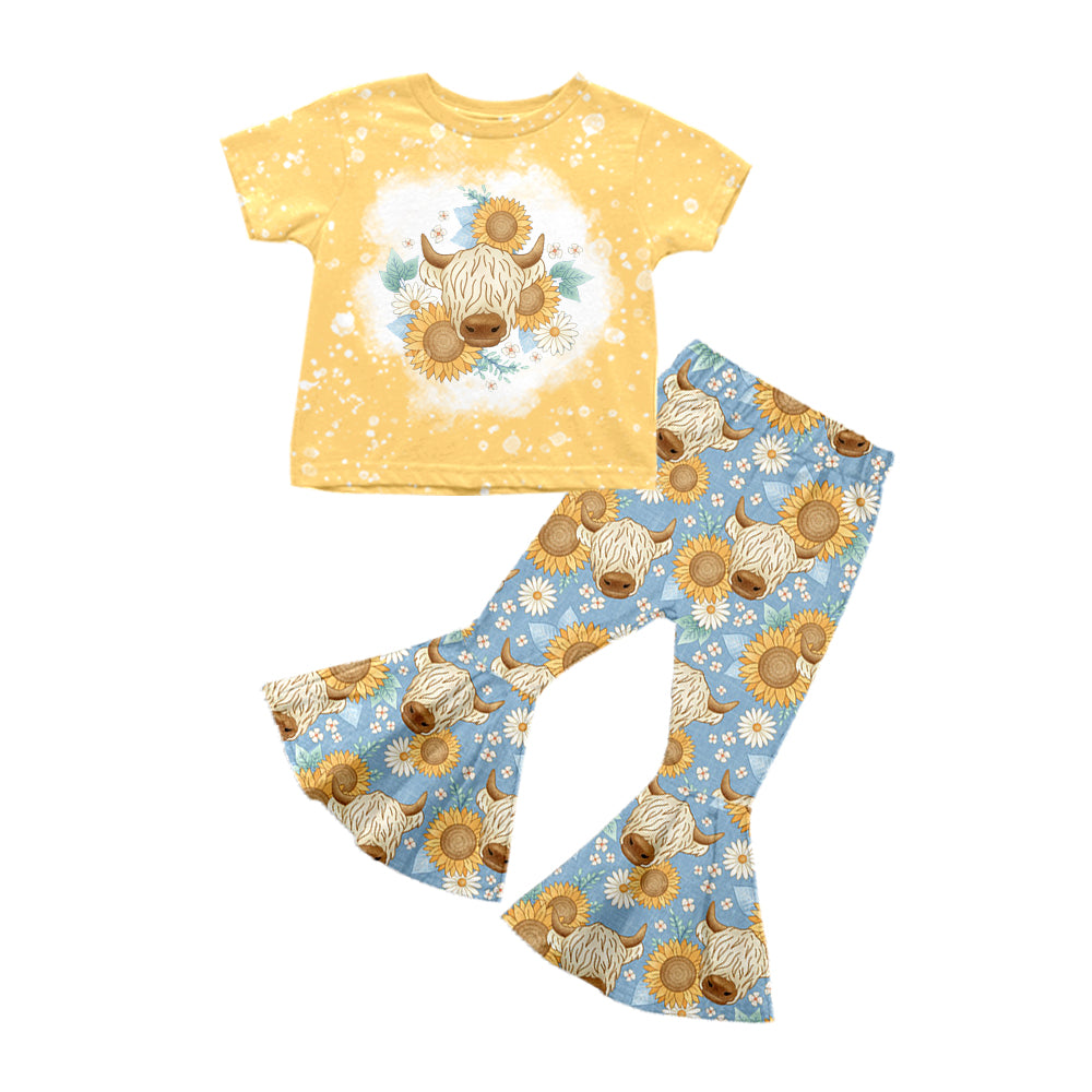 5.2custom each style moq 5eta 4-5week cow sunflower prints yellow girls outfits set and baby romper