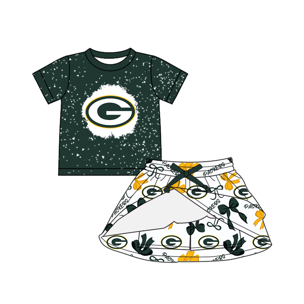 Custom moq 5 mix sizes summer teams baby girls clothes team green short sleeve skirts shorts sets dress 1 and dress 2 and dress 3 and dress 4-25.5.26