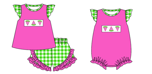 25.12.4 custom each style moq 5 eta 6-8week Sibling Sister watermelon baby short sleeve shorts sets and romper match design