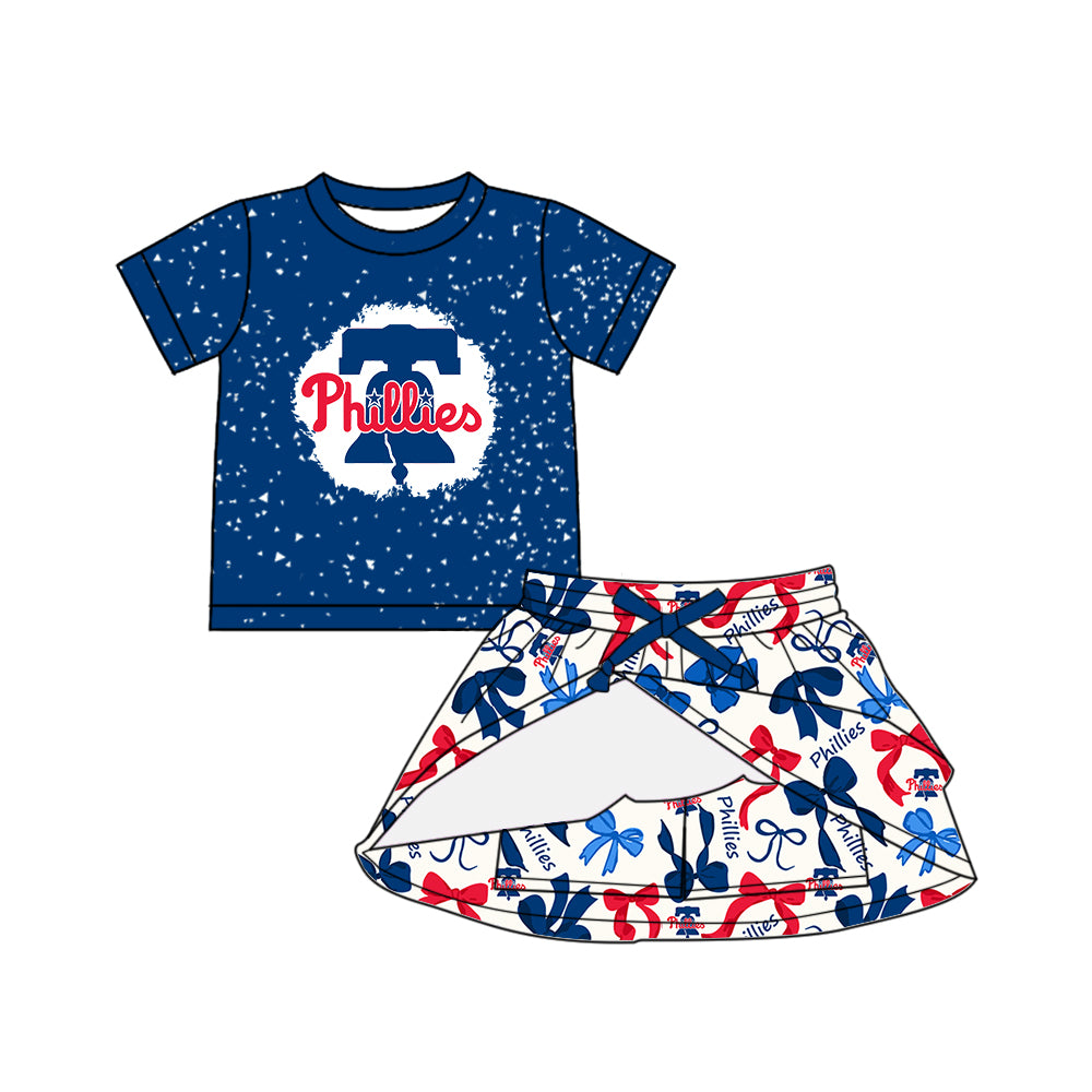 Custom moq 5 mix sizes summer teams baby girls clothes team blue short sleeve skirts shorts sets dress 1 and dress 2 and dress 3 and dress 4-25.5.17