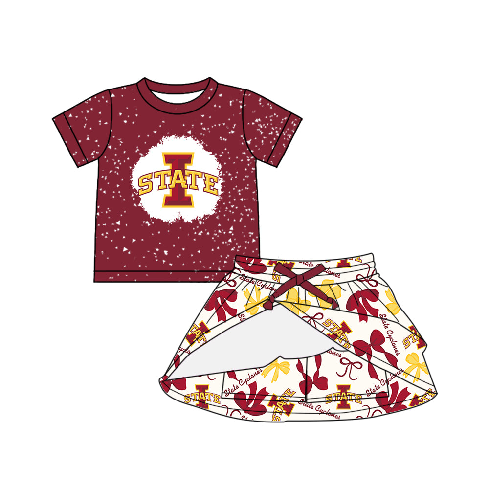 Custom moq 5 mix sizes summer teams baby girls clothes team brick red short sleeve skirts shorts sets dress 1 and dress 2 and dress 3 and dress 4-25.5.22