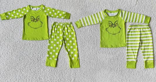 Baby boys Cat smiley face print with green and white stripes and white spots Family siblings set