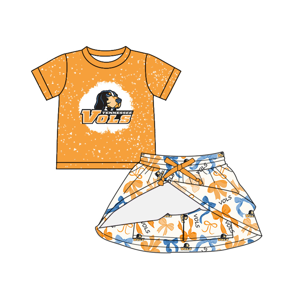 Custom moq 5 mix sizes summer teams baby girls clothes team orange short sleeve skirts shorts sets dress 1 and dress 2 and dress 3 and dress 4-25.5.16