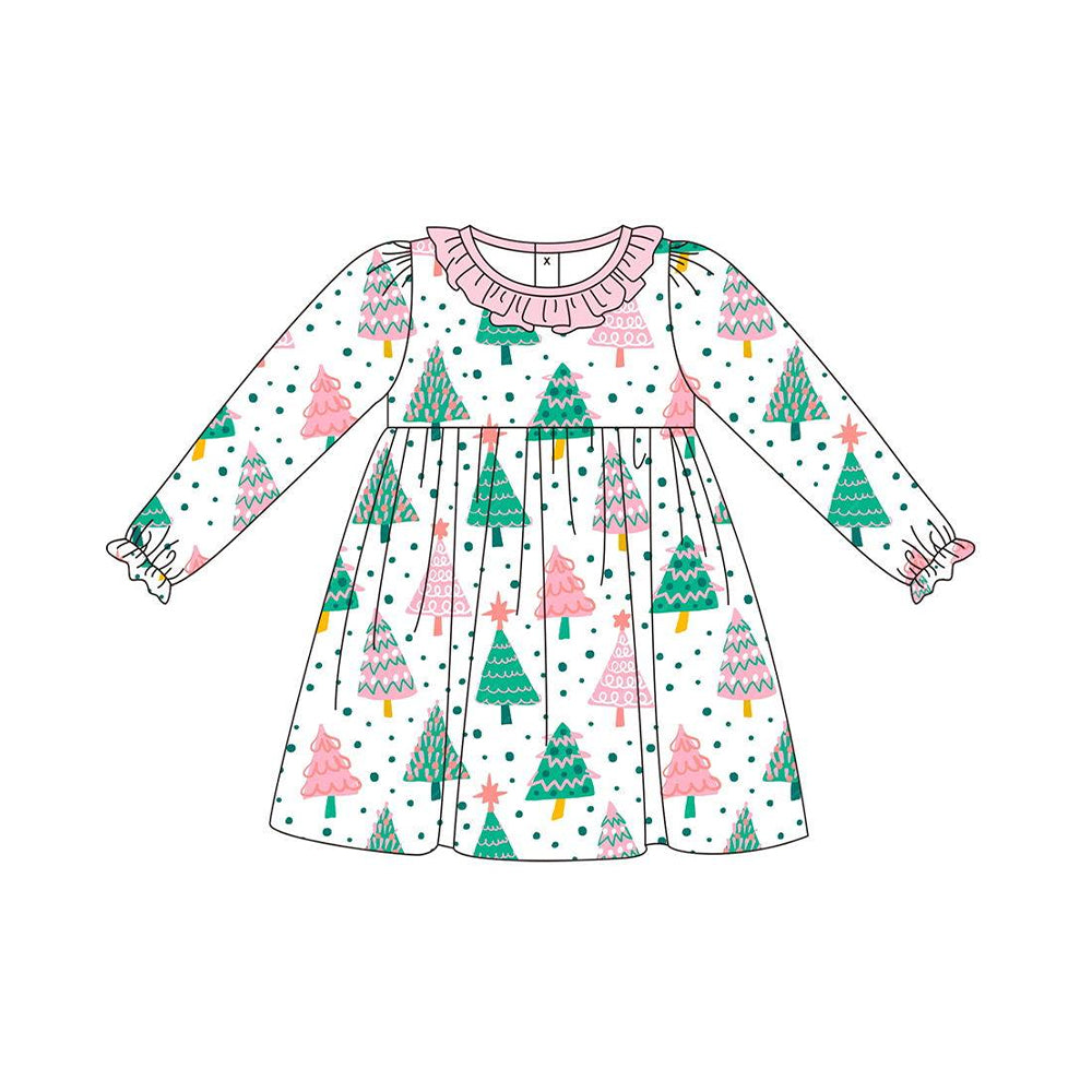 5.13custom each style moq 5eta 4-5week Sibling Sister Christmas style Christmas tree print pink girls dress and baby romper match family design