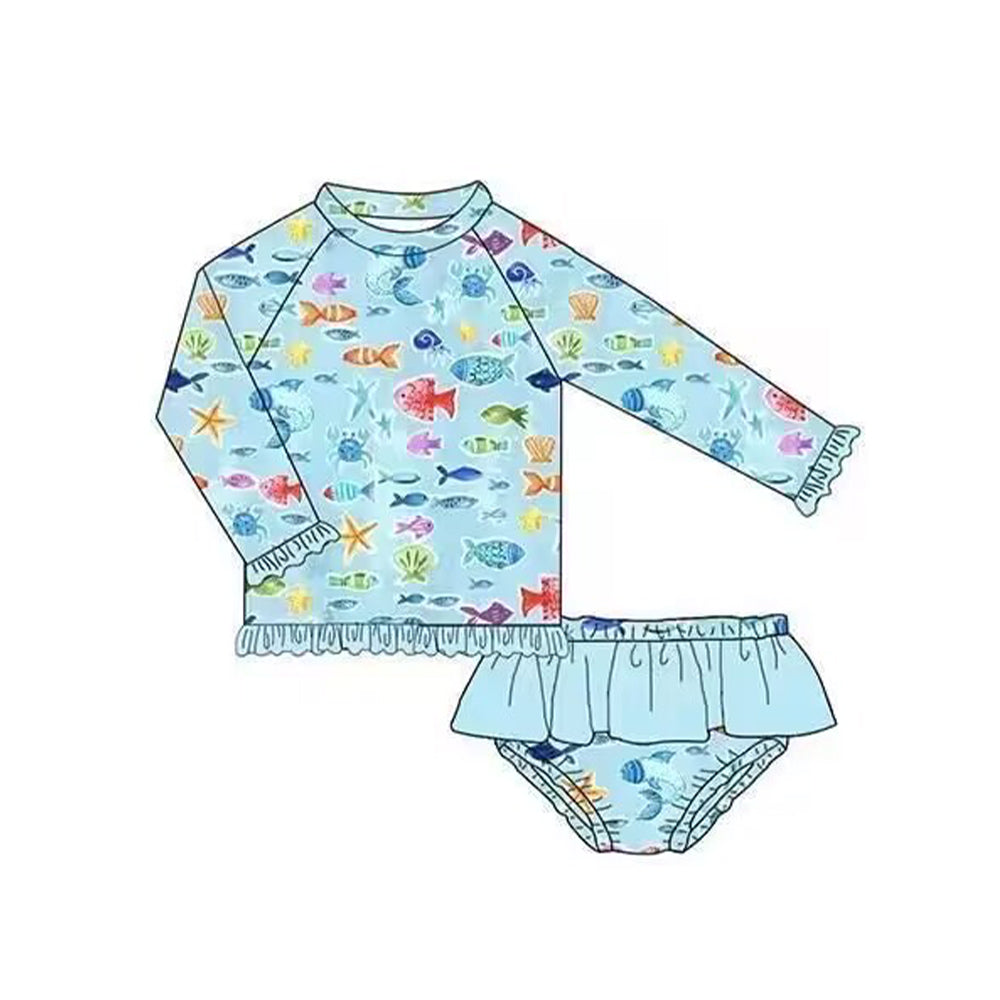 5.10custom each style moq 5eta 4-5week Sibling Sister ocean fish prints blue girls and boys outfits and baby romper swimsuit match family design