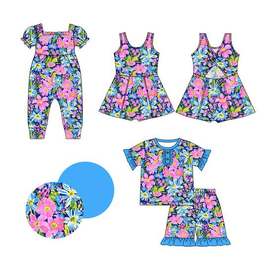 1.4 custom each style moq 5eta 4-6week Sibling Sistes florals baby girl short sleeve shorts sets and dress and rompers match family design