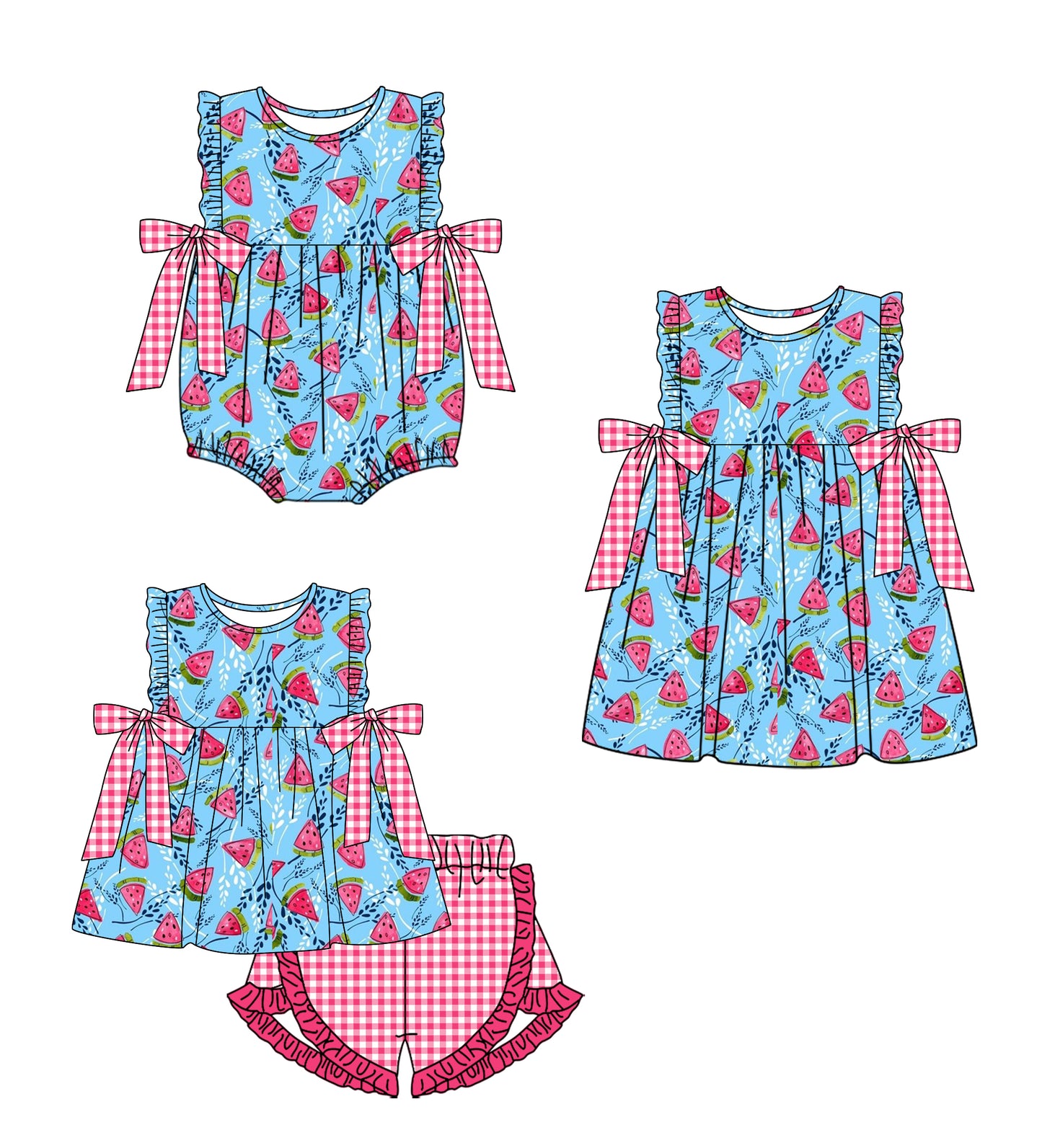 1.9 custom each style moq 5eta 4-6week Sibling Sister watermelon baby girl short sleeve shorts sets and dress and rompers match family design