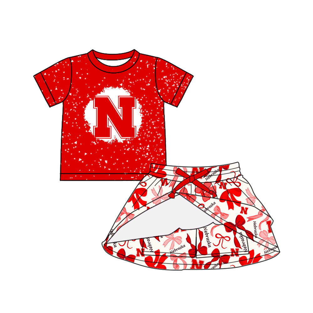 Custom moq 5 mix sizes summer teams baby girls clothes team red short sleeve skirts shorts sets dress 1 and dress 2-25.5.10