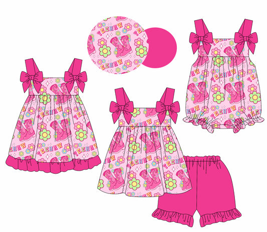 1.23 custom each style moq 5eta 4-6week Sibling Sisters boots floral baby girl short sleeve shorts sets and dress and rompers match family design