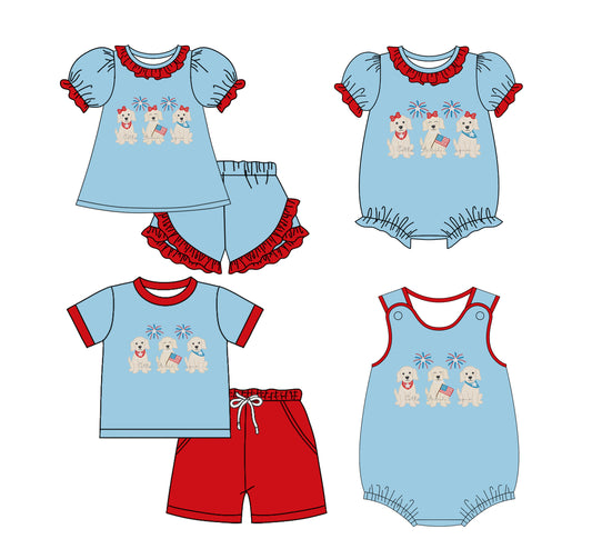 25.11.29 custom each style moq 5 eta 6-8week Sibling Sister puppy flag baby short sleeve shorts sets 2 and romper 2 match design