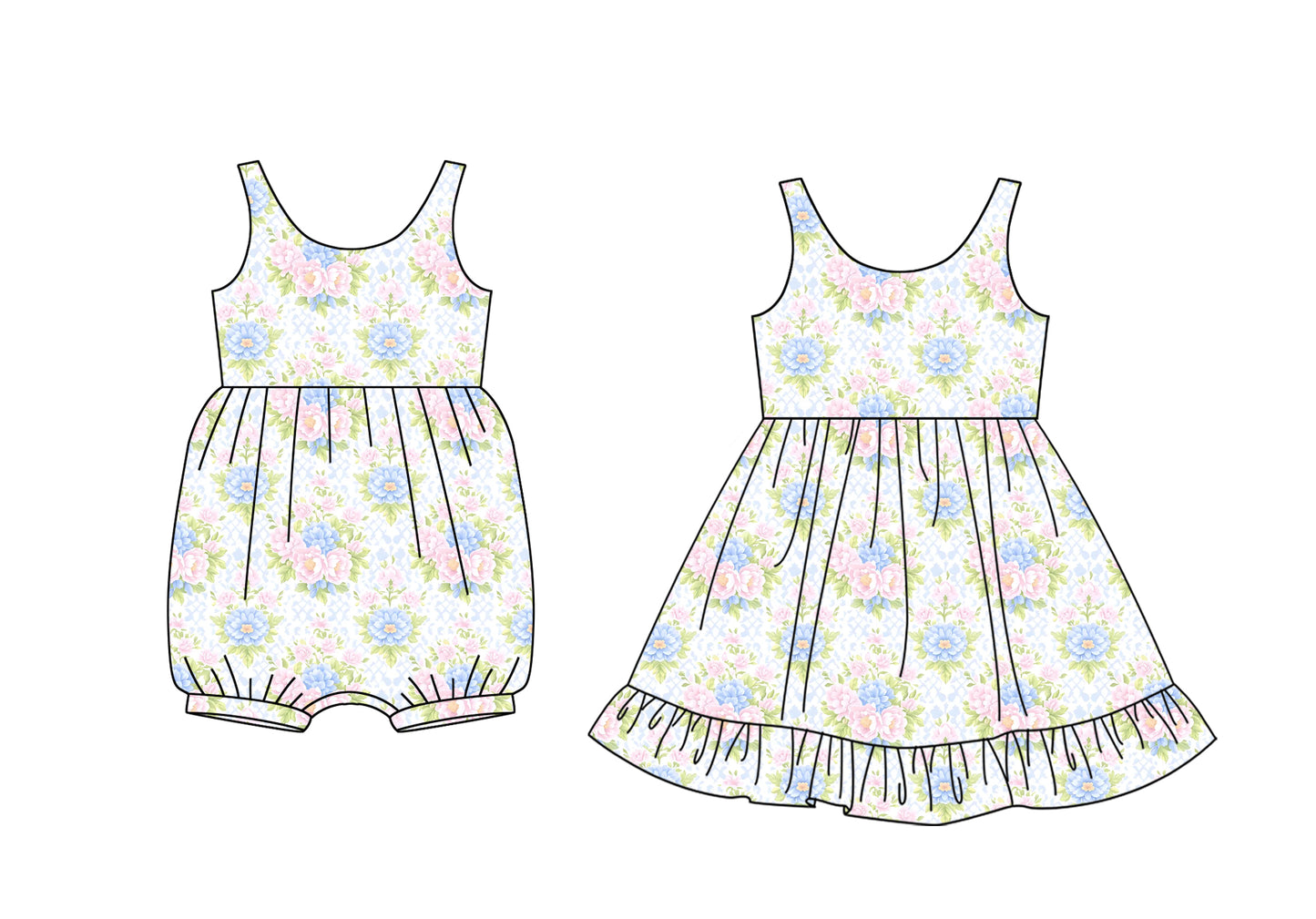 1.21 custom each style moq 5eta 4-6week Sibling Sister floral baby girl dress and jumpsuit match family design