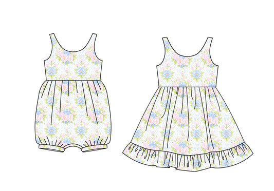 1.21 custom each style moq 5eta 4-6week Sibling Sister floral baby girl dress and jumpsuit match family design