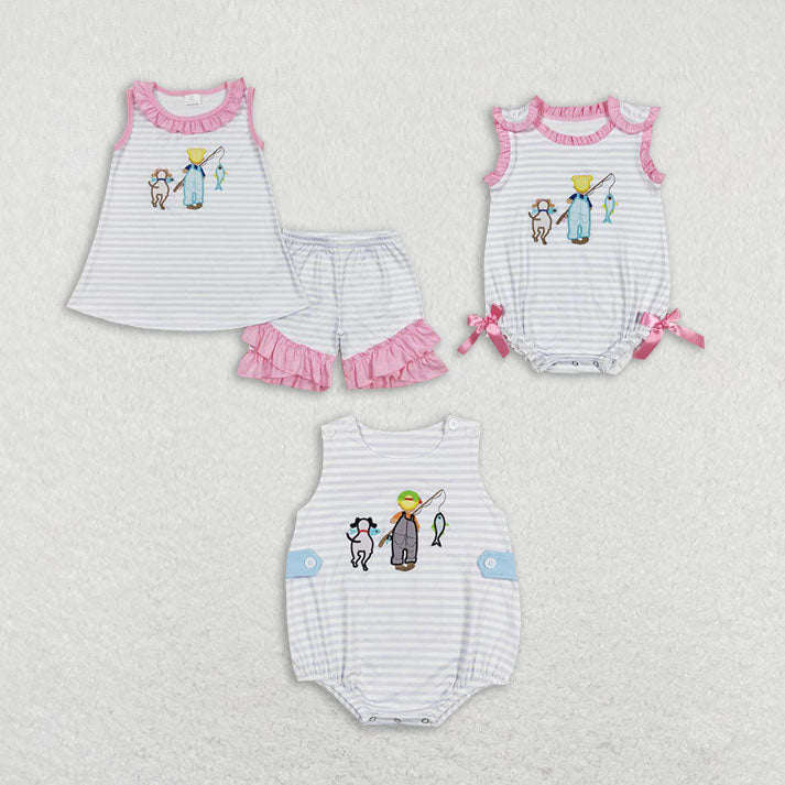 Baby Girls Fishing kid and dog prints blue and pink Sibling Rompers Clothes Sets