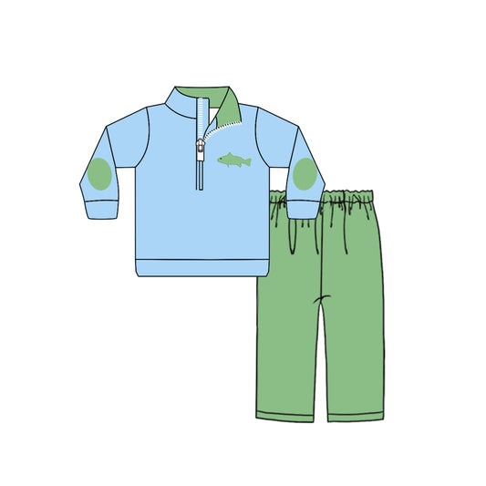 9.27 custom each style moq 5eta 4-6week baby boys clothes fish blue and green long sleeve pants sets