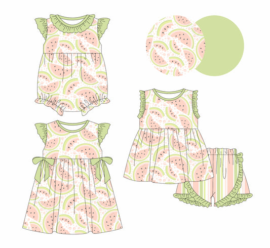 1.2 custom each style moq 5eta 4-6week Sibling Sistes watermelon baby girl short sleeve shorts sets and dress and rompers match family design