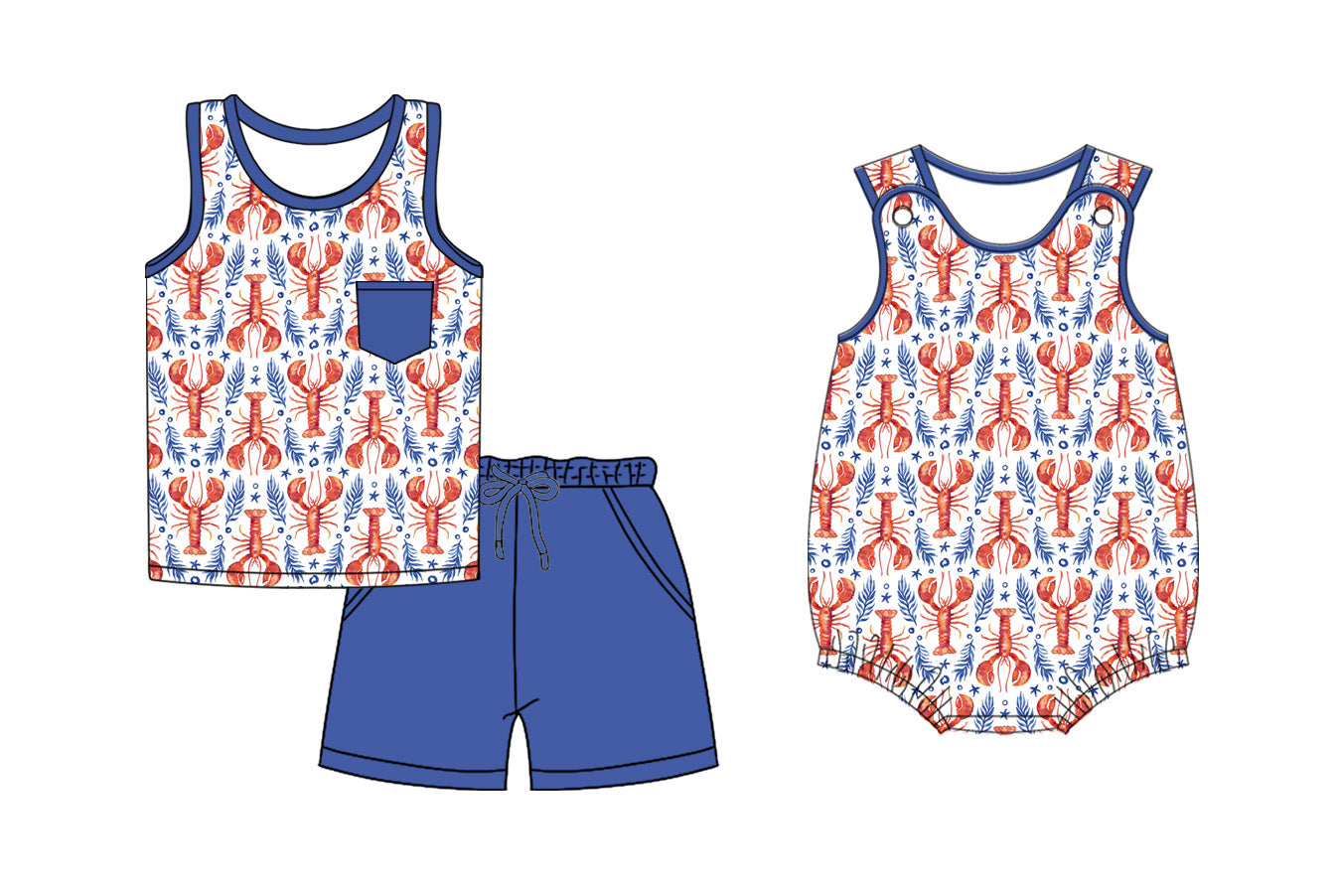 26.1.3 custom each style moq 5 eta 6-8week Sibling Sister lobster baby boy short sleeve shorts sets and romper match design