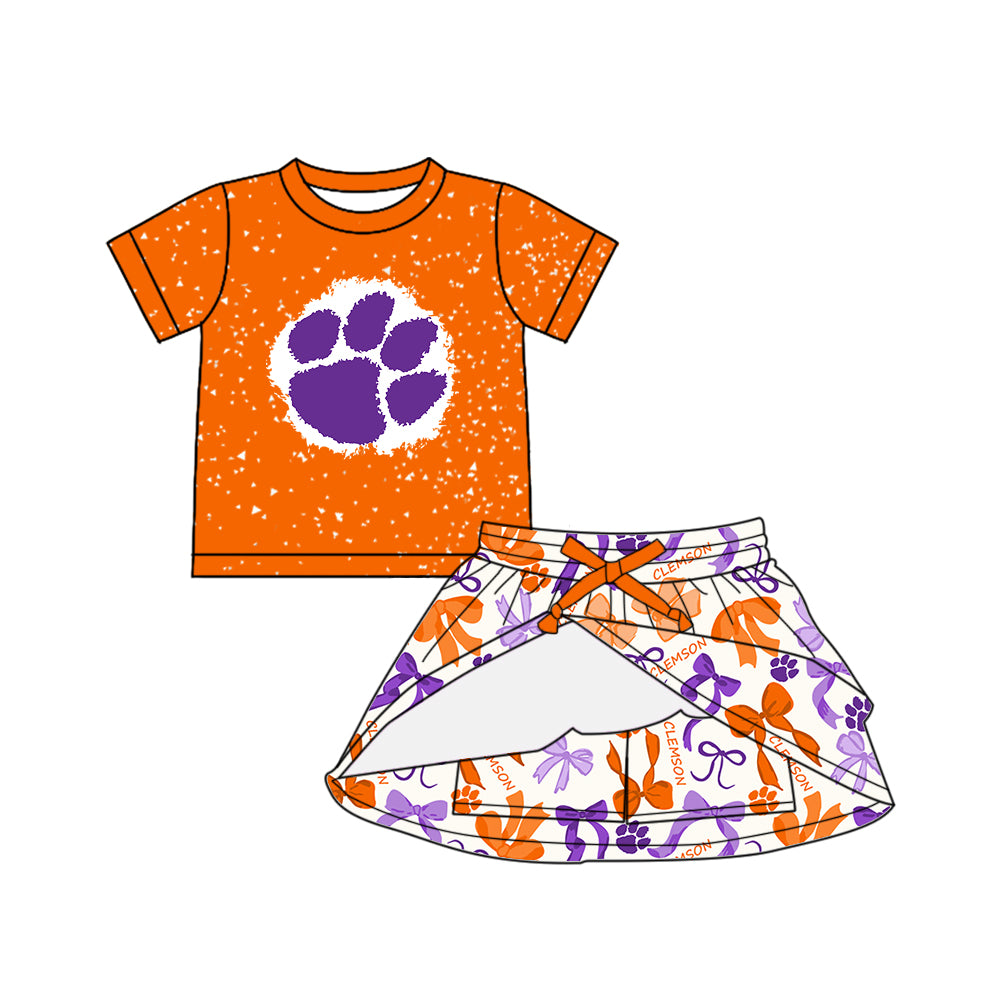 Custom moq 5 mix sizes summer teams baby girls clothes team orange short sleeve skirts shorts sets dress 1 and dress 2 and dress 3 and dress 4-25.5.15