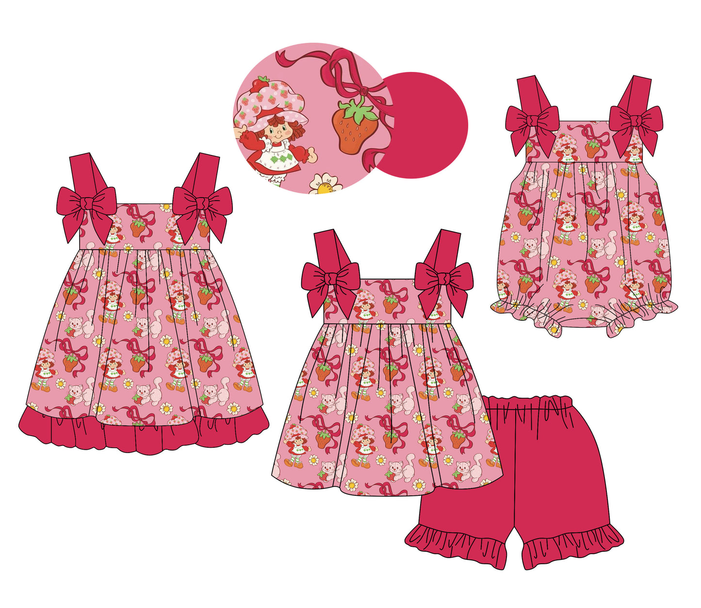 25.11.21 custom each style moq 5 eta 6-8week Sibling Sister strawberry bow baby short sleeve shorts sets and romper and dress match design
