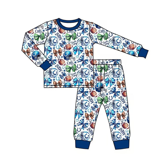 Custom moq 3 eat about 6/8weeks moq 5 eta 5/6weeks baby boys clothes bow rugby blue long sleeve pants pajamas outifts