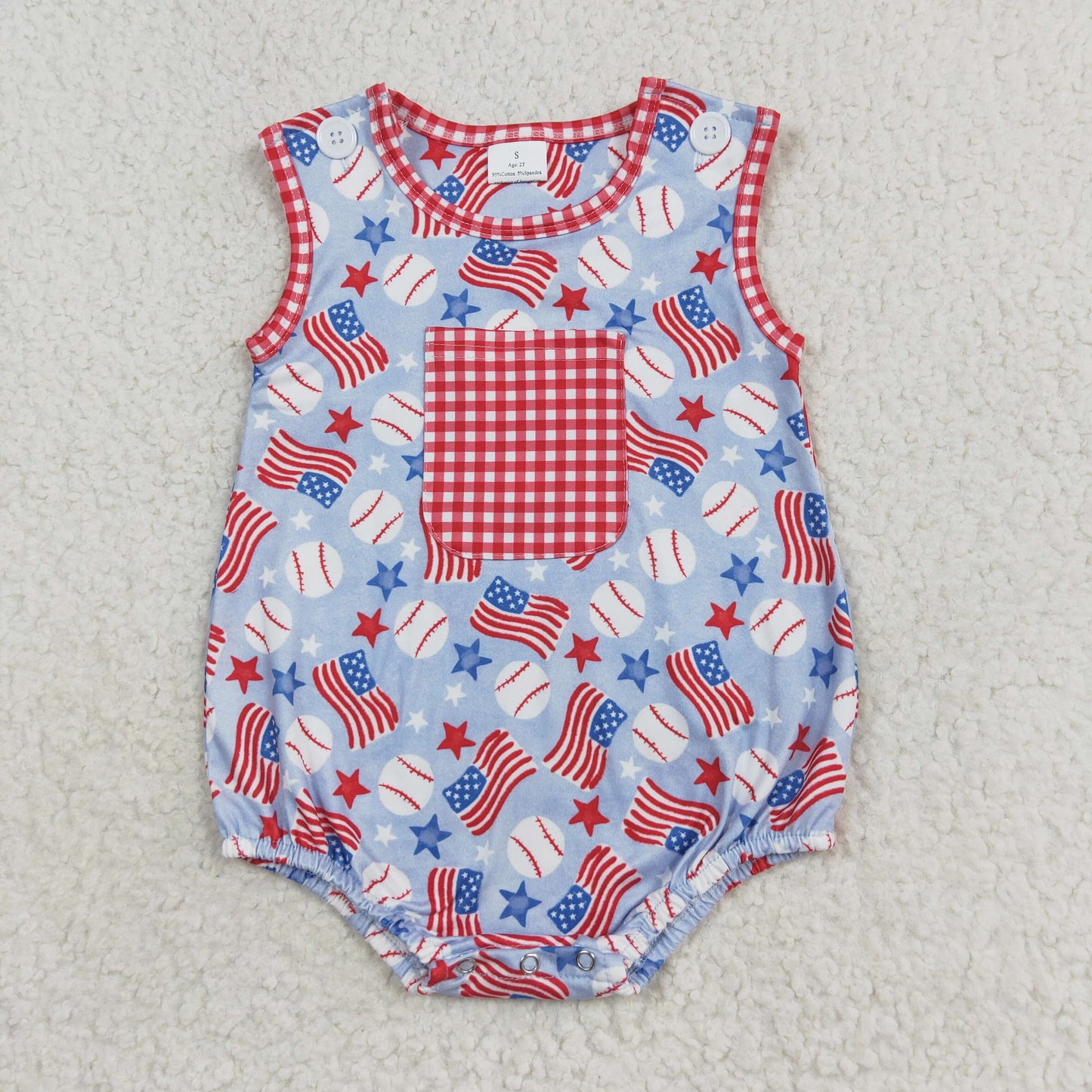 RTS no moq SR1563 National flag star baseball red and white checkered pocket vest onesie