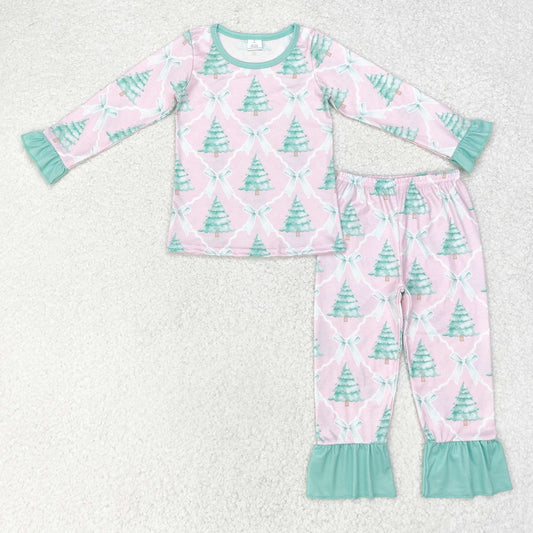 Bamboo rts no moq GLP1242 Modal Christmas tree bow green lace pink long-sleeved trousers pajama set